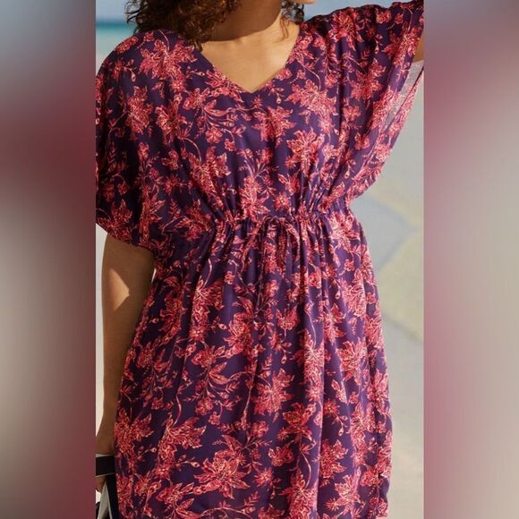 Land's End Women's Short Sleeve Gathered Waist Cover Up Dress Floral NWT XS/S - Picture 4 of 12